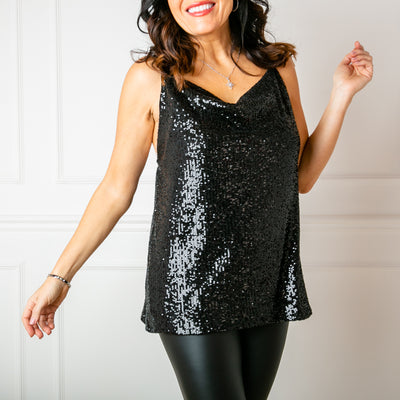 Women's Sleeveless Strappy Sequin Camisole in Black With A Cowl Neck, Sparkly Top Perfect For Partywear